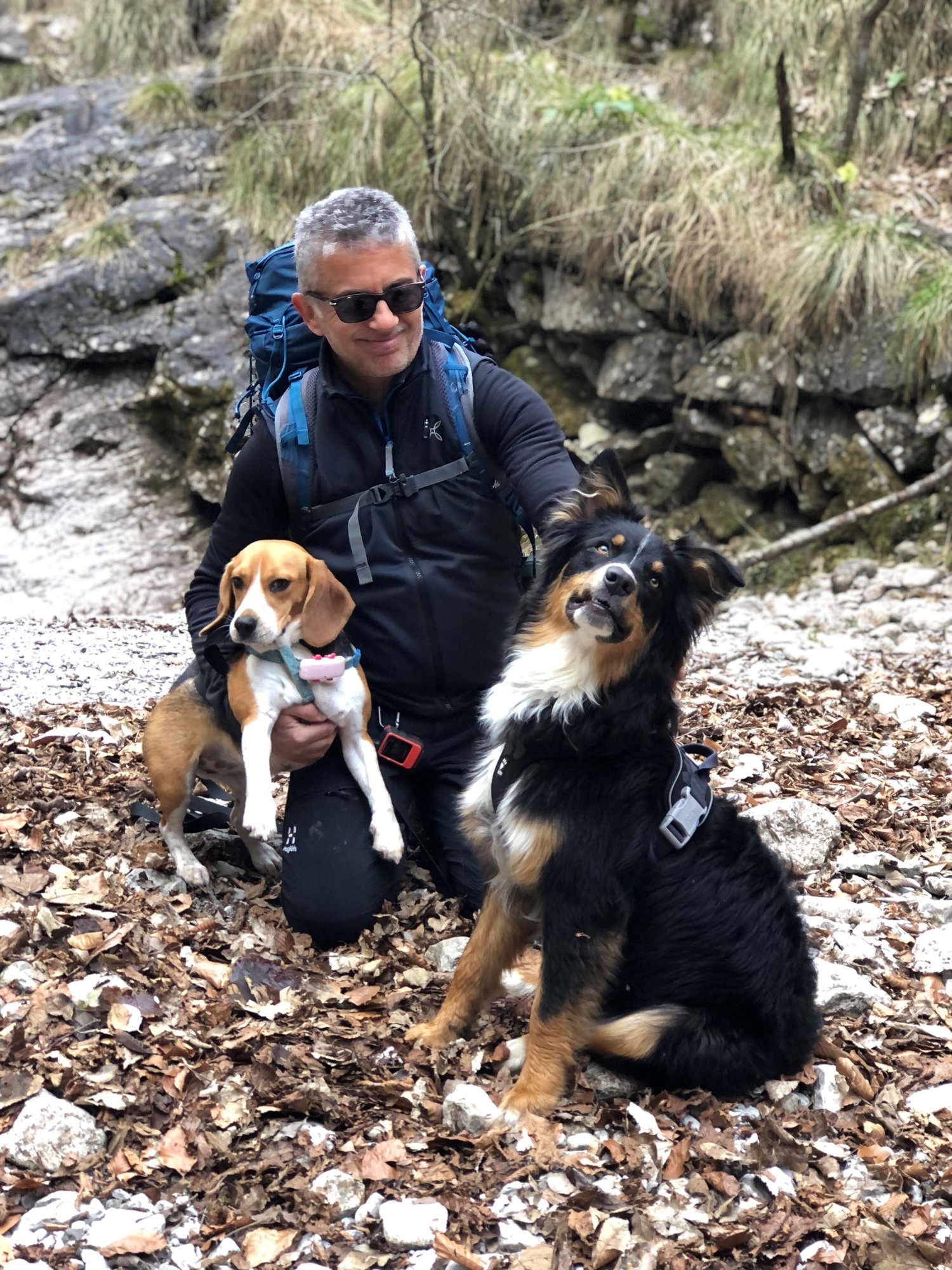 Carlo enjoys trekking in the great outdoors with his dogs, Mere and Goccy